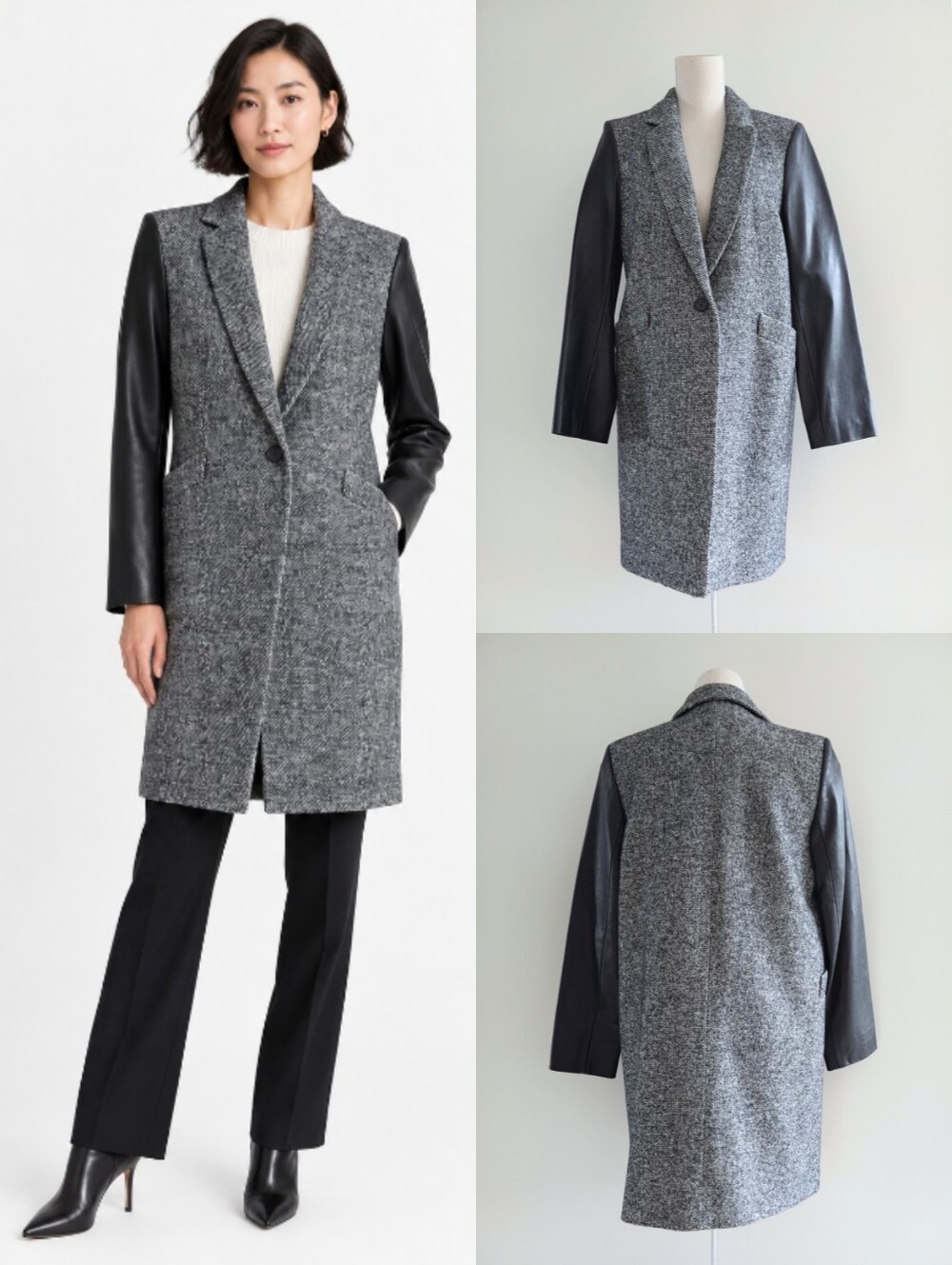 Like New Judith & Charles Wool & Silk Black Leather Sleeves Herringbone Peacoat